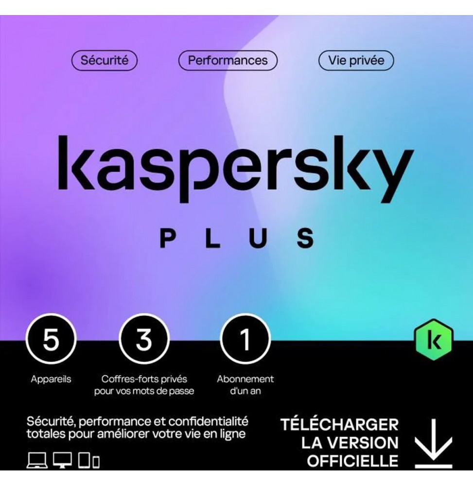 Kaspersky Plus (équivalent Internet Security) – 5 Appareils / 1 an Abonnement