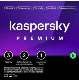 Kaspersky Premium (équivalent à Total Security) – 3 Appareils / A1 an