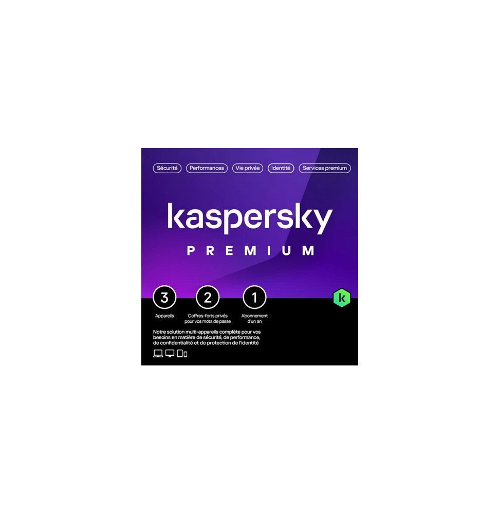 Kaspersky Premium (équivalent à Total Security) – 3 Appareils / A1 an